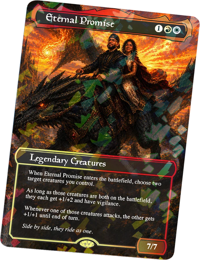 Custom couple card: Eternal Promise, a couple riding a dragon at sunset